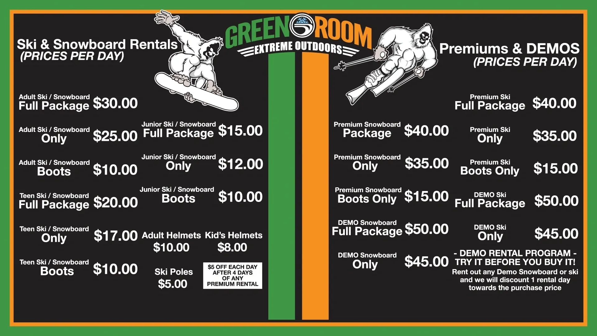 A green room menu with prices for ski equipment.