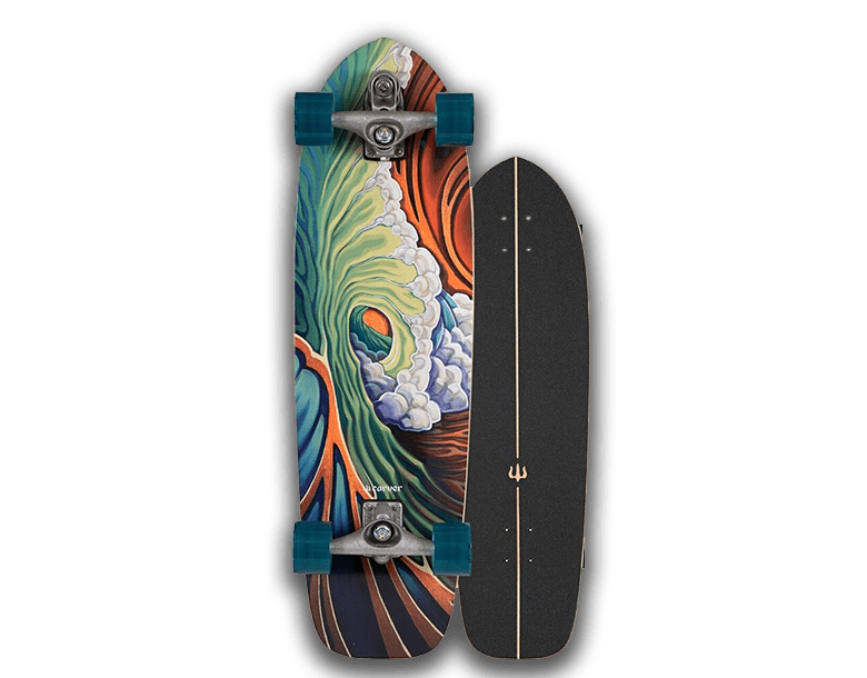 A skateboard with an image of a bird on it.