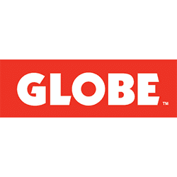 A red and white globe logo on top of a green background.