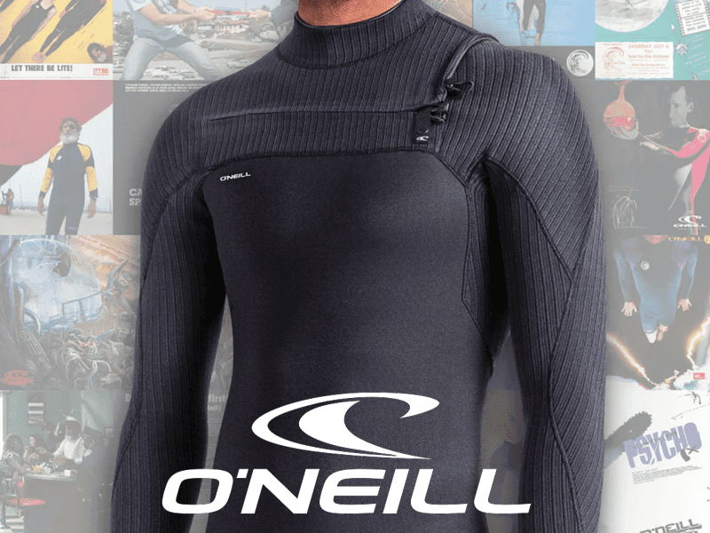 A man in black wetsuit with o ' neill logo.