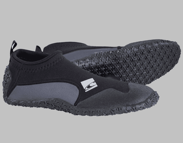 A pair of water shoes with a black and grey design.