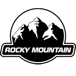 A rocky mountain logo with mountains in the background.