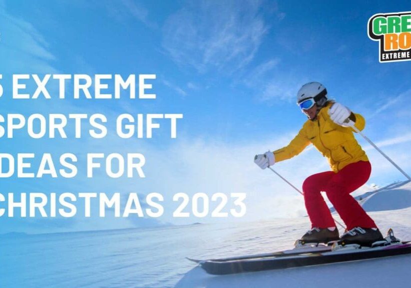 A person skiing on the snow with text that reads extreme sports gift ideas for christmas 2 0 2 3